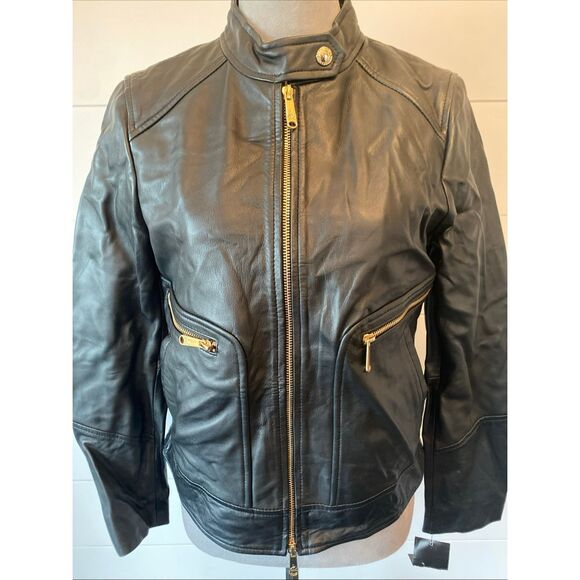 Sam Edelman Real Leather Moto Jacket Black Gold Zip Size Small - Picture 3 of 9